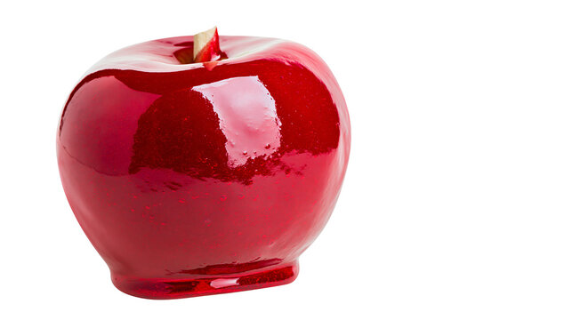 Shiny red candy apple with a wooden stick, isolated on transparent background
