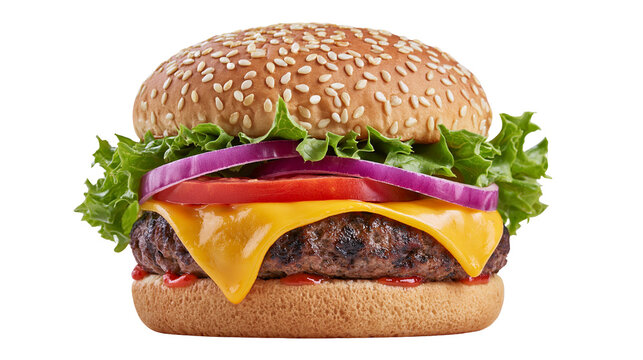 Juicy beef burger with melted cheddar cheese lettuce tomato and onion, isolated on transparent background