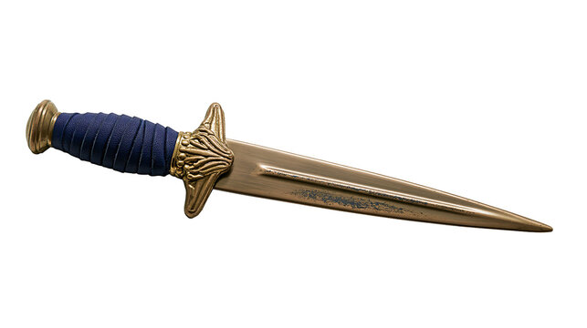 Antique bronze dagger with ornate gold guard and blue wrapped handle, isolated on transparent background