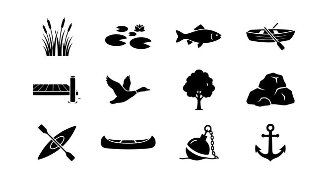 Outdoor Recreation Icons: Canoe, Kayak, Fishing, Duck, Nature Elements, Nautical Symbols
