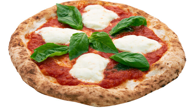 Neapolitan pizza with fresh mozzarella and basil leaves, isolated on transparent background