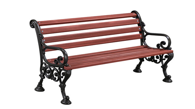 Ornate black metal park bench with dark red wooden slats, isolated on transparent background