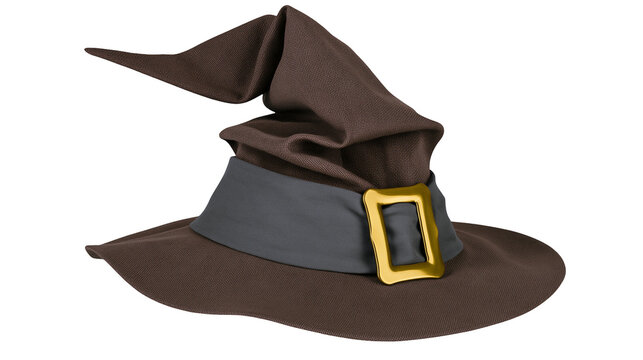 Brown fabric witch hat with grey band and gold buckle, isolated on transparent background