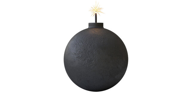 Round black bomb with lit fuse, isolated on transparent background