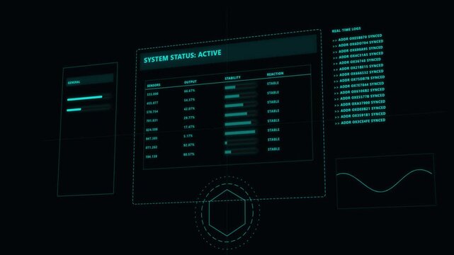 Abstract digital animation featuring a futuristic blue heads-up display interface with system status data, bar graphs, and code on a black background.