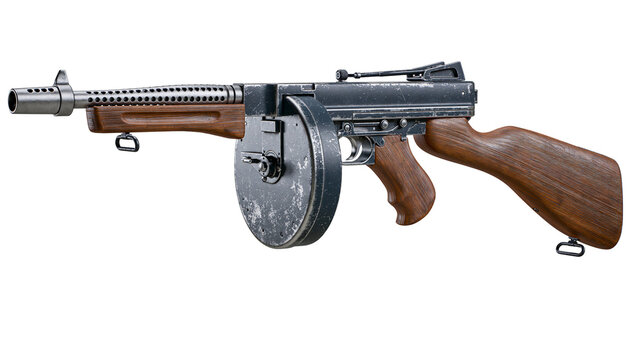 Vintage Thompson submachine gun with wooden stock and drum magazine, isolated on transparent background