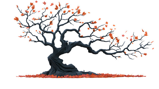 haunted tree silhouette surrounded by autumn leaves, halloween decoration, 3D clay render style, soft studio light, smooth shading, isolated on white background
