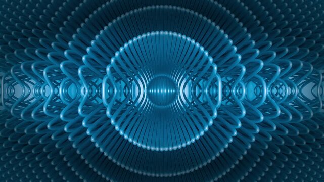 Abstract blue background with concentric waves and fractal patterns made of glossy tubular loops. Trippy 3D design animation with symmetrical mandala art. Seamlessly looped motion graphics , 4K 60fps