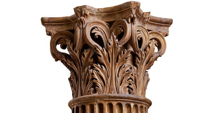 Ornate carved stone Corinthian column capital with acanthus leaves, isolated on transparent background