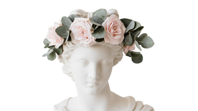 White marble bust adorned with a floral crown of pink roses and eucalyptus leaves, isolated on transparent background