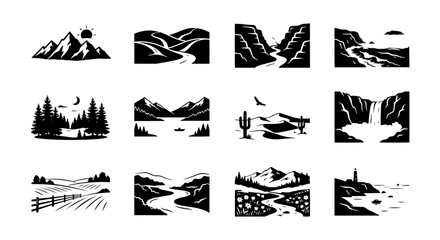 Fototapeta premium Vector Landscape Icons Set: Mountain, River, Forest, Desert, Coastline, Waterfall, Farm Scenes
