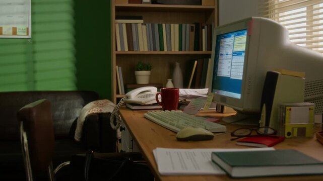 Camera slowly zooming in on retro office desk featuring vintage CRT computer monitor, floppy disk, and landline telephone. Footage is perfect for nostalgic technology commercials