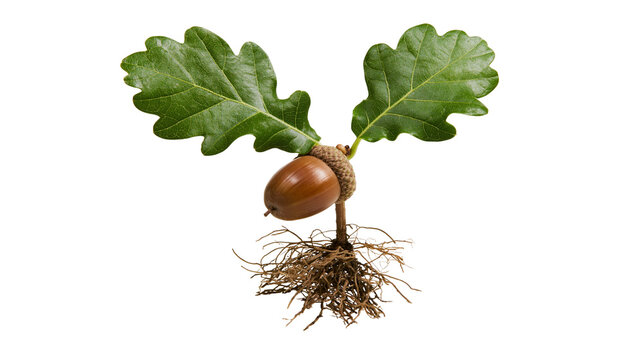 Young oak sapling with acorn and roots, isolated on transparent background
