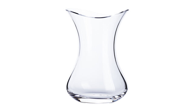 Clear glass vase with curved opening, isolated on transparent background