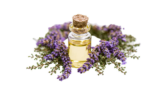 Clear glass vial with golden essential oil and fresh lavender sprigs, isolated on transparent background