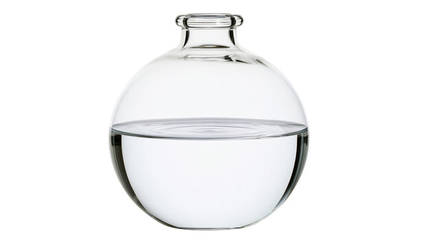 Clear glass round flask with water, isolated on transparent background