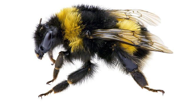Fuzzy bumblebee with black and yellow stripes, isolated on transparent background