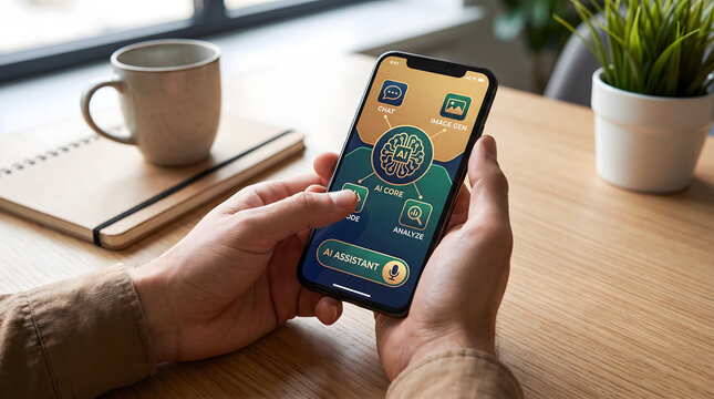 Hands holding smartphone with AI assistant application and generative AI features on screen, Person using mobile phone app with artificial intelligence tools for chat, code and image generation.