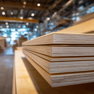 stacked wood sheets in a modern workshop or factory setting