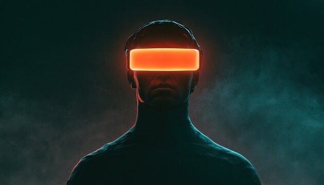 Futuristic figure wearing a glowing orange visor against a smoky, dark background