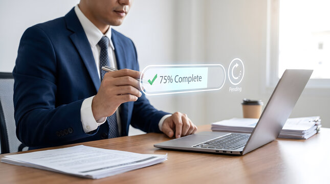 Businessman working on laptop with digital 75 percent complete progress bar and pending status, Corporate task management concept showing professional with virtual loading bar interface.