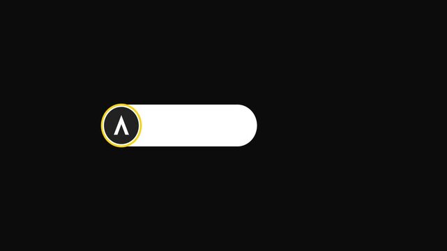 A minimalist motion graphic featuring a white search bar expanding from a circular icon with a magnifying glass symbol on a black background.