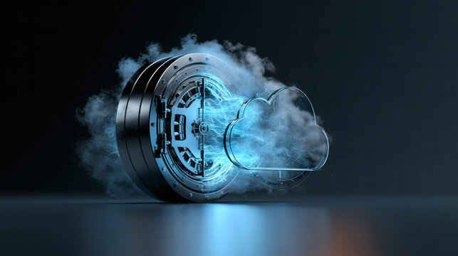 Futuristic Cloud Computing Technology: A sleek, metallic wheel, representing digital data, merges with a stylized cloud shape, both enveloped in swirling blue mist.