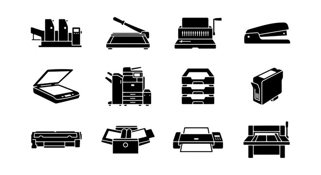 Office Equipment Icons: Printer, Scanner, Copier, Shredder, Stapler, Paper Cutter, Fax Machine, Ink Cartridge, Laminator, Folder, Binder, Offset Press