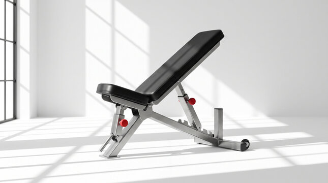 Adjustable weight bench in a bright minimalist gym setting with natural sunlight and clean shadows