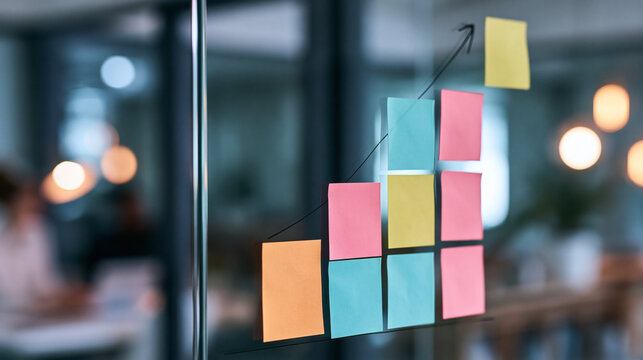 Growth Strategy Board: Sticky notes arranged like a bar chart on a glass wall visualize a business growth strategy, with an arrow pointing upwards towards success, in a modern office environment.