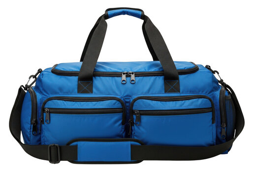 Modern blue sports duffel bag with black straps and multiple compartments isolated on transparent background for fitness