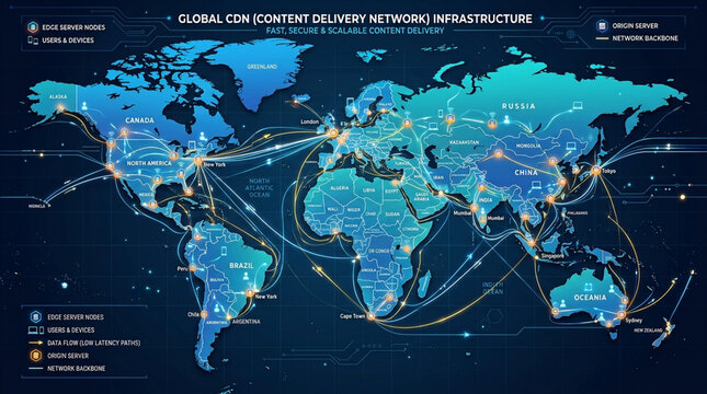 Global CDN network map. Digital infrastructure showing worldwide data delivery connections.