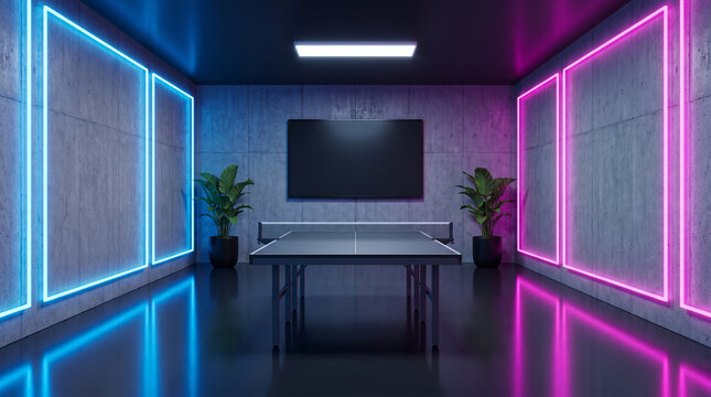 Playing table tennis in a modern concrete room with blue and pink neon lighting in a futuristic style
