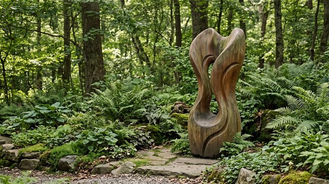 Abstract wood sculpture in naturalistic fern garden