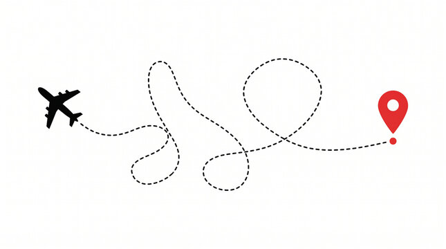 Airplane icon follows a dotted line path toward a red destination pin marker.