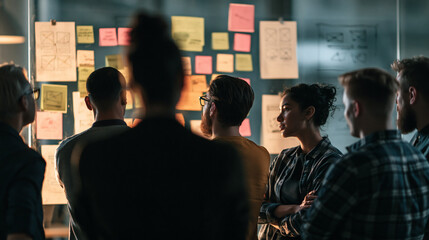 Obraz premium Team Brainstorming Session: A diverse group of colleagues stands around a glass wall covered with sticky notes and papers, engaged in a collaborative brainstorming session.