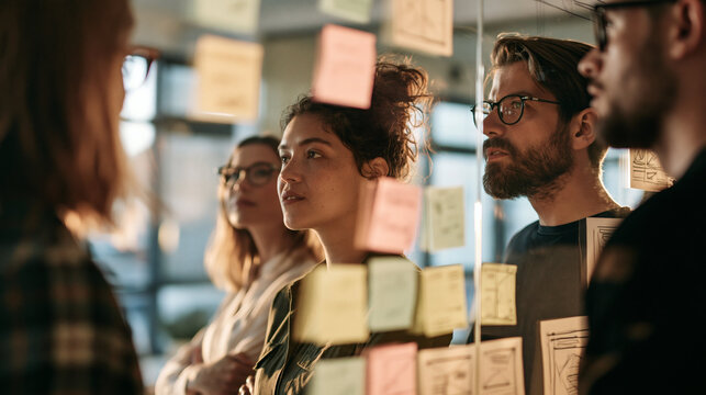 Team Brainstorming Session: A diverse group of colleagues collaborate around a glass wall covered in colorful sticky notes, intensely focused on brainstorming ideas and developing strategies.