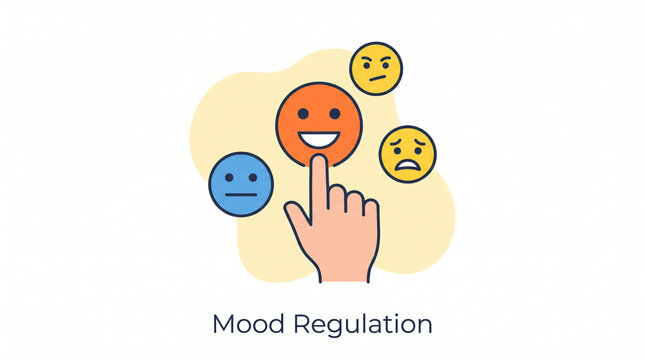Hand selecting a happy emoji icon to represent positive mood regulation process.