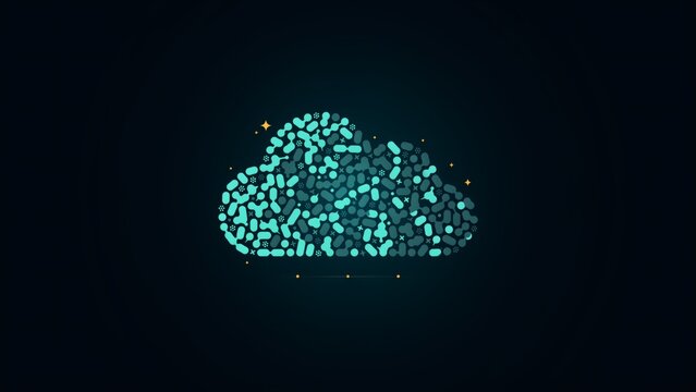 Abstract digital cloud computing concept composed of geometric teal particles with formed numerous interconnected geometric fragments with dark minimalist background