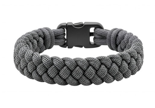 Durable dark grey paracord survival bracelet with plastic buckle isolated on a transparent background for outdoor gear