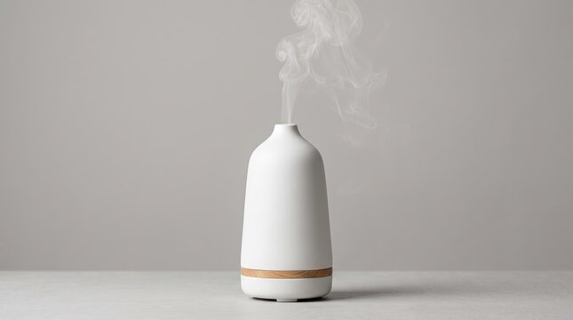 Modern white ceramic essential oil diffuser emitting a gentle stream of mist on a neutral background