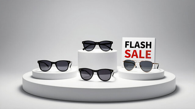 Stylish sunglasses displayed on a white podium with a flash sale sign. Modern eyewear collection for an e-commerce retail promotion
