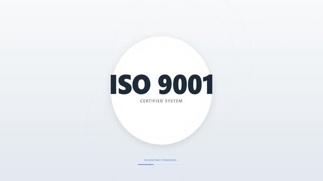 Animated motion graphics featuring the text ISO 9001 Quality Management System inside a white circle on a clean white background, suitable for business presentations.