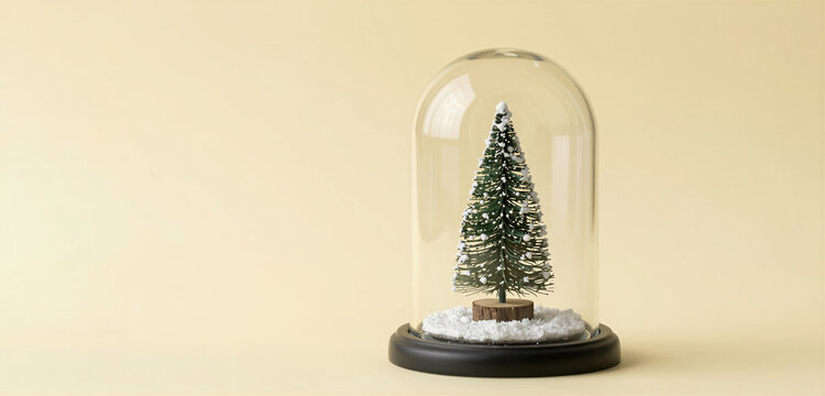 Christmas tree inside a glass cloche on a beige background. Minimalist holiday decor with snowy pine tree