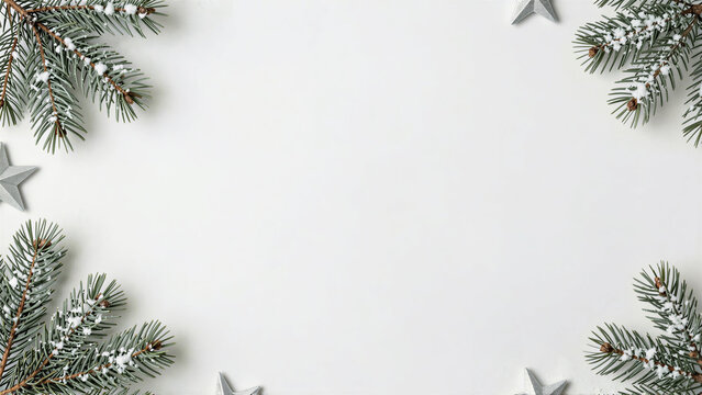 Christmas background with fir branch and star on white marble. Festive holiday border frame with copy space