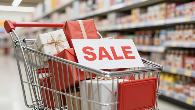 Close-up of a metal shopping cart filled with red and white gift box packaging and a large sale sign. The background shows a blurry supermarket aisle with shelf and product display