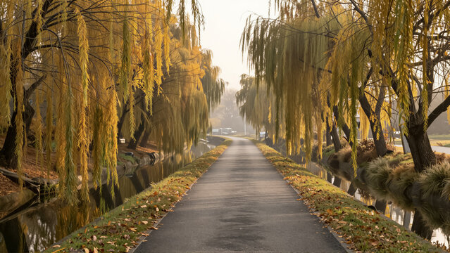 A tranquil autumn landscape with golden weeping willow trees and a reflective path. Sunlight illuminates the picturesque scene, perfect for nature themes