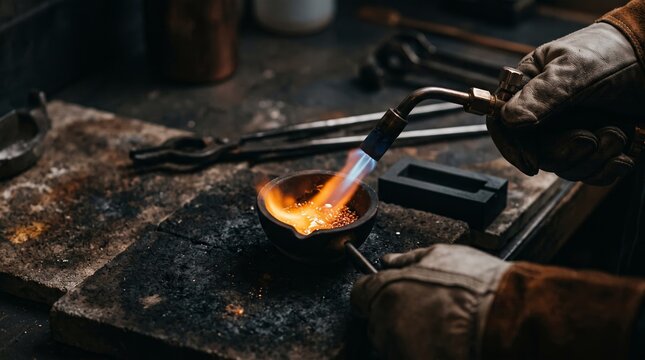 Jeweler in protective gloves melts precious metal granules in a crucible with a gas torch. Concept jewelry casting and metalwork for ads, websites, blogs and editorial. Generative AI.