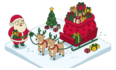 Isometric santa claus leading reindeer sleigh full of christmas presents