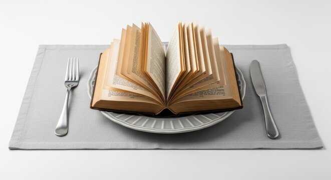 Open Book Served on a Dinner Plate with Fork and Knife - Conceptual Image of Food for Thought and Intellectual Hunger